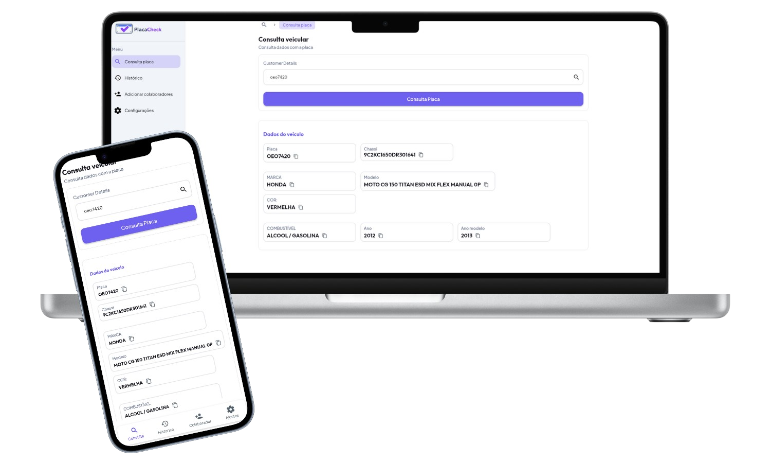 PlacaCheck em desktop e celular